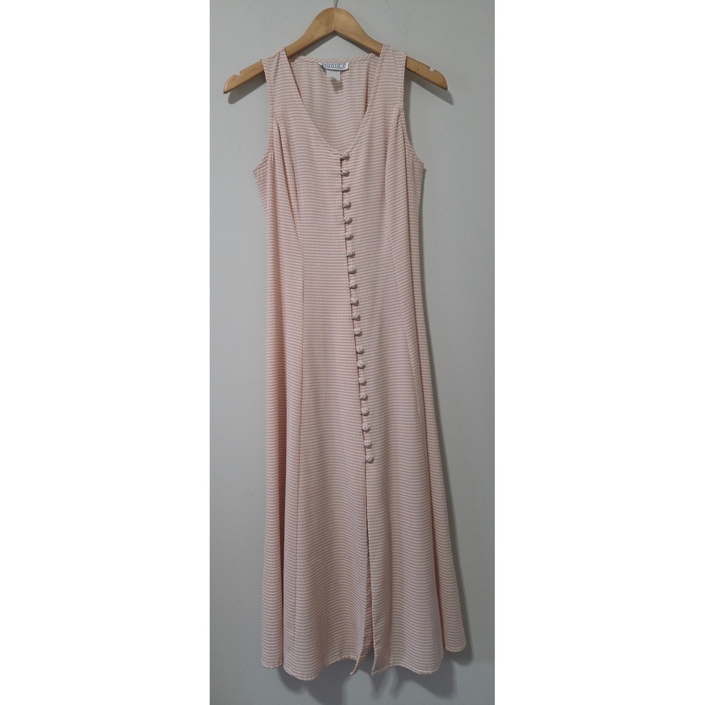 Studio C Pink Gingham Seersucker Maxi Dress Button Front Lace Up Back Sleeveless